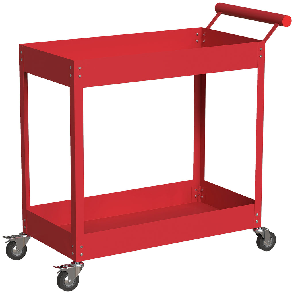 Chariot d'atelier servante atelier à 2 niveaux, poignée latérale et roulettes verrouillables, 84,5x38x84cm, rouge
