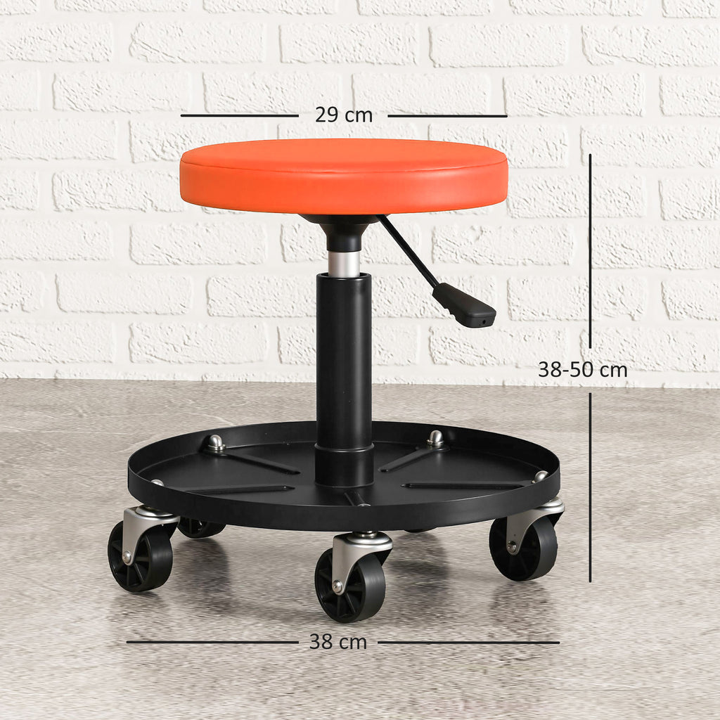 Tabouret d'atelier à 5 roulettes pivotantes 360°, hauteur réglable 38-50 cm, avec plateau, 38 x 38 x 38-50 cm, orange