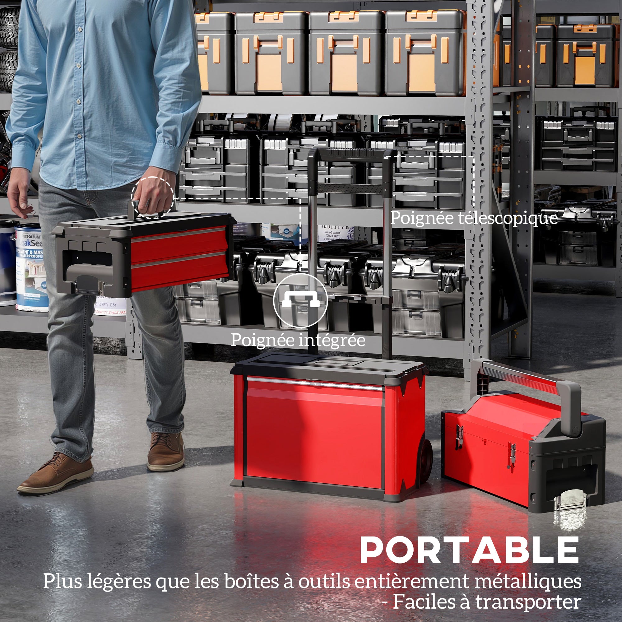 Lot de 3 boîtes à outils sur roulettes empilables et modulaires en acier avec plateau, poignées et serrure, rouge