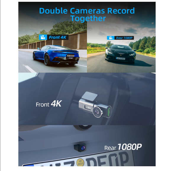 Caméra Embarquée 4K Avant/Arrière — GPS, WiFi, Vision Nocturne