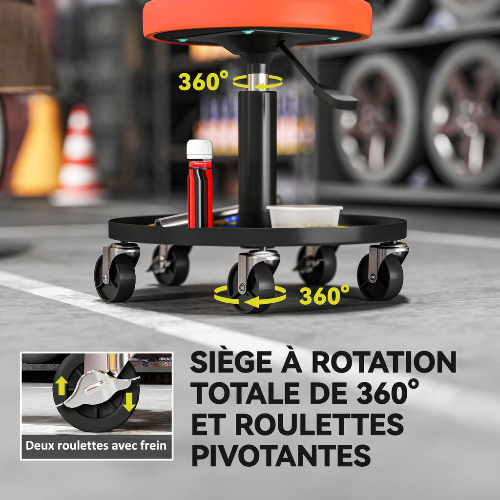Tabouret d'atelier à 5 roulettes pivotantes 360°, hauteur réglable 38-50 cm, avec plateau, 38 x 38 x 38-50 cm, orange