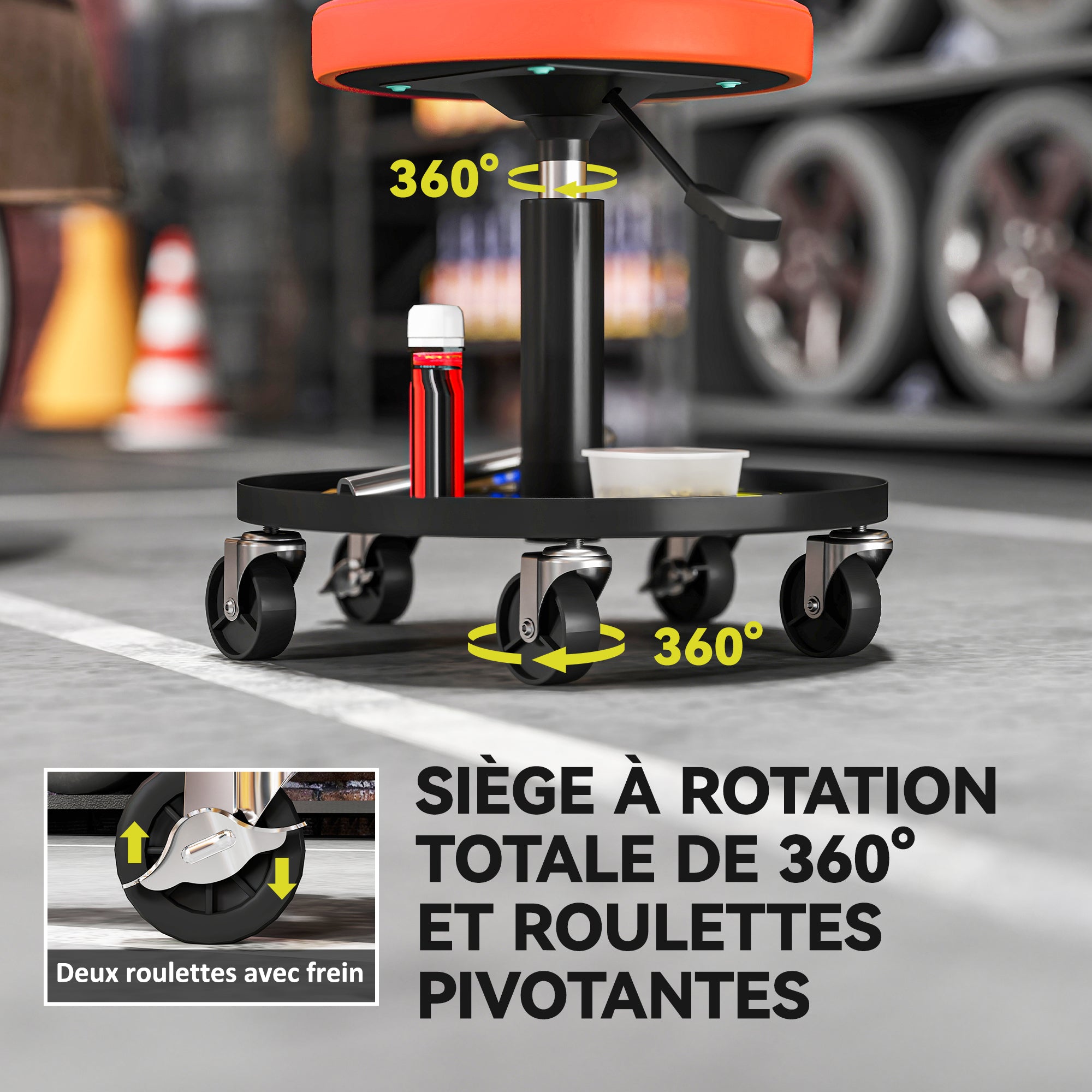 Tabouret d'atelier à 5 roulettes pivotantes 360°, hauteur réglable 38-50 cm, avec plateau, 38 x 38 x 38-50 cm, orange