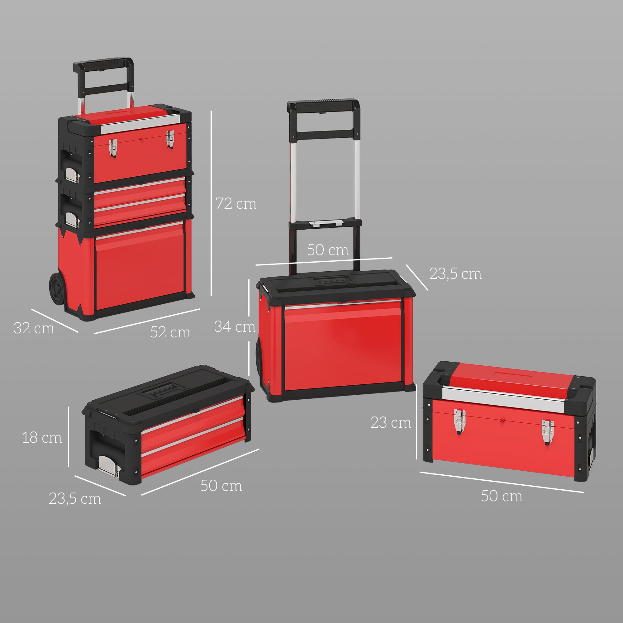 Lot de 3 boîtes à outils sur roulettes empilables et modulaires en acier avec plateau, poignées et serrure, rouge