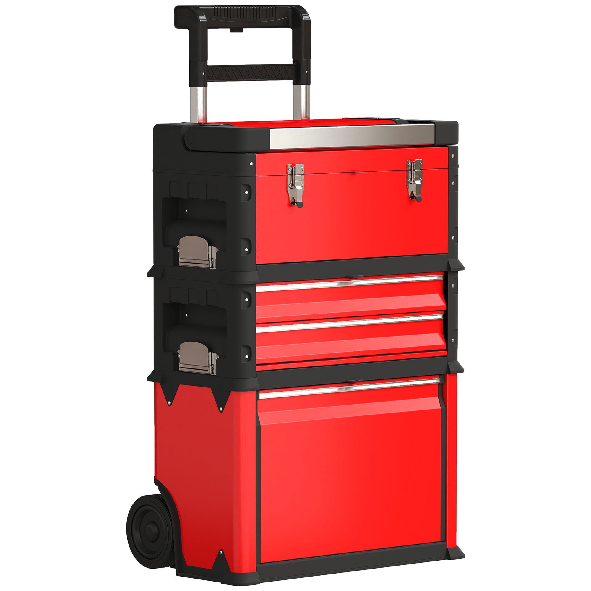 Lot de 3 boîtes à outils sur roulettes empilables et modulaires en acier avec plateau, poignées et serrure, rouge