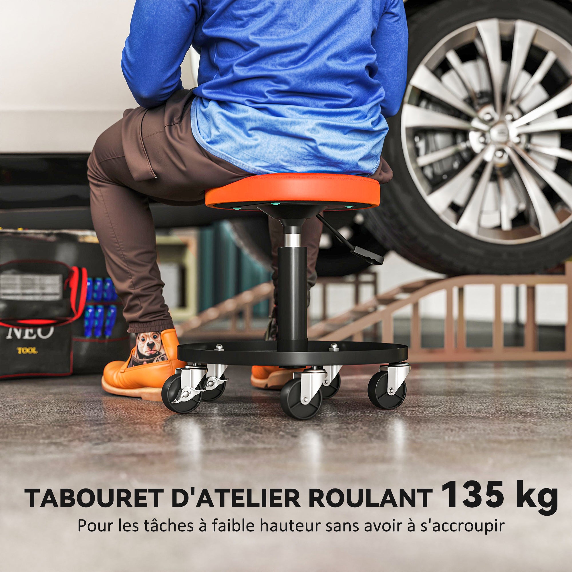 Tabouret d'atelier à 5 roulettes pivotantes 360°, hauteur réglable 38-50 cm, avec plateau, 38 x 38 x 38-50 cm, orange