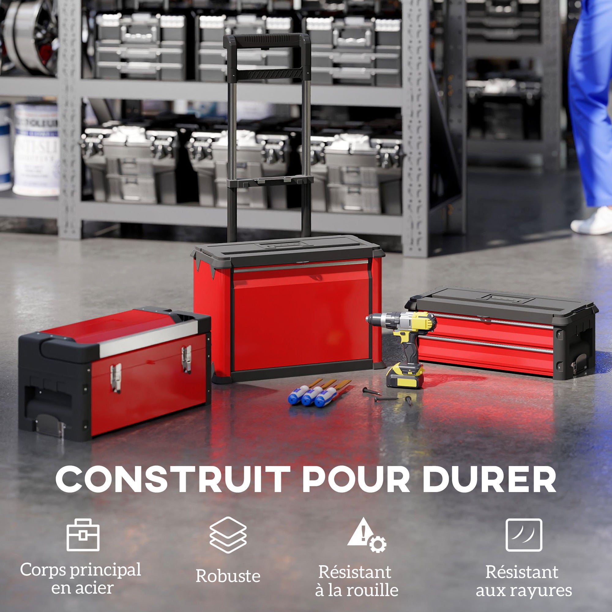 Lot de 3 boîtes à outils sur roulettes empilables et modulaires en acier avec plateau, poignées et serrure, rouge