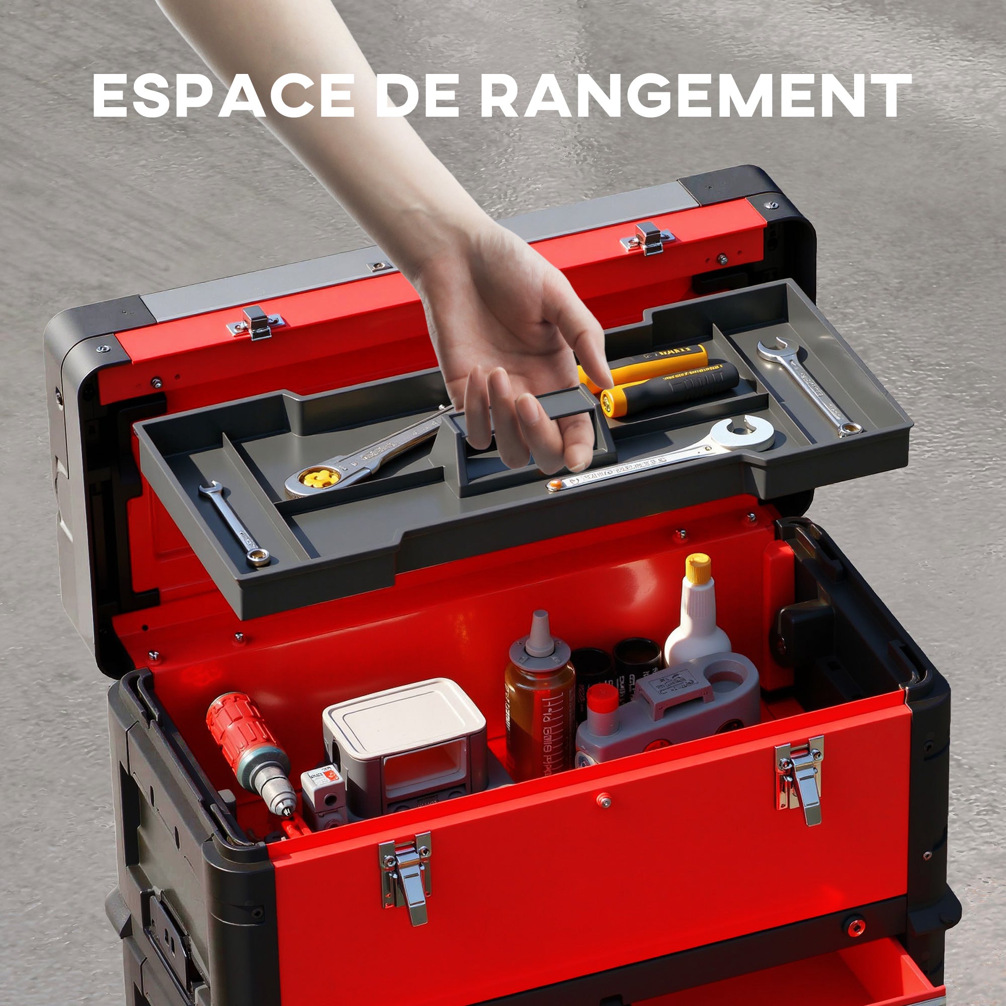 Lot de 3 boîtes à outils sur roulettes empilables et modulaires en acier avec plateau, poignées et serrure, rouge