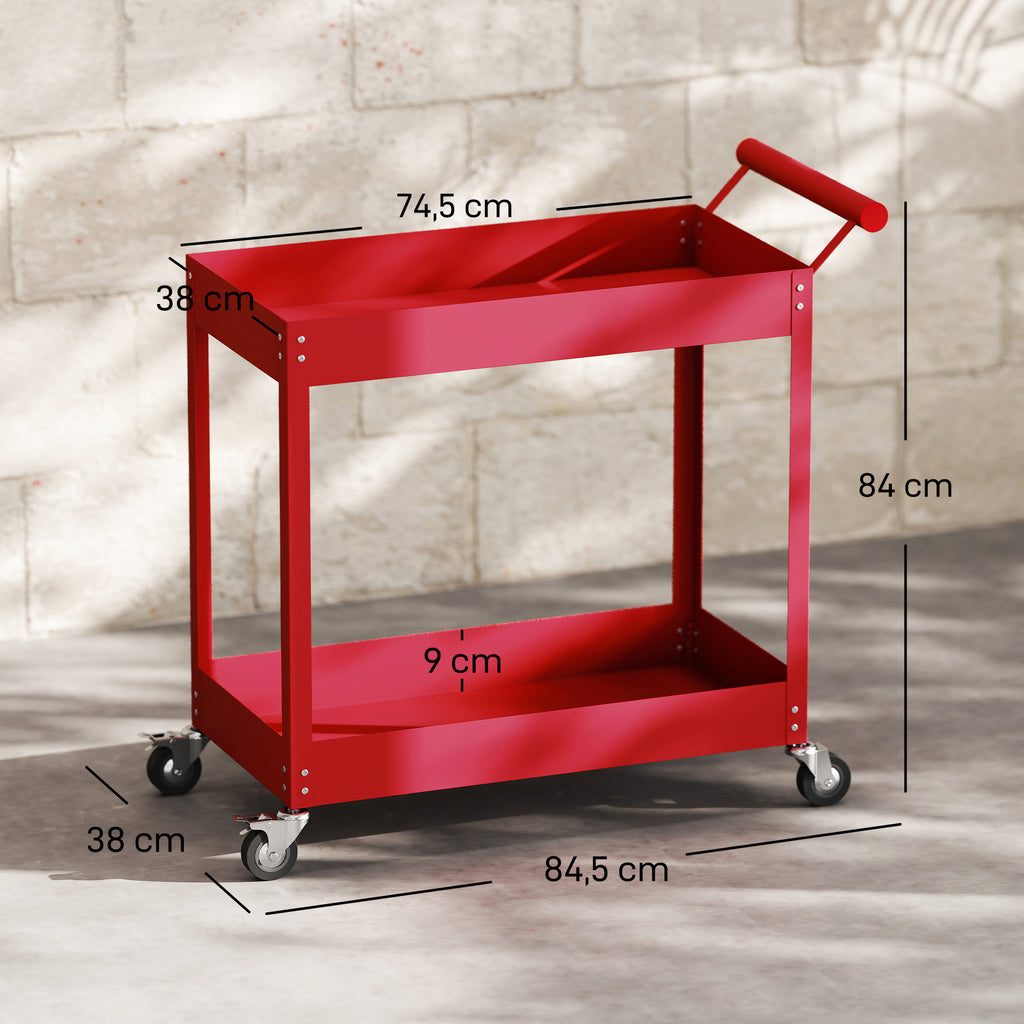 Chariot d'atelier servante atelier à 2 niveaux, poignée latérale et roulettes verrouillables, 84,5x38x84cm, rouge
