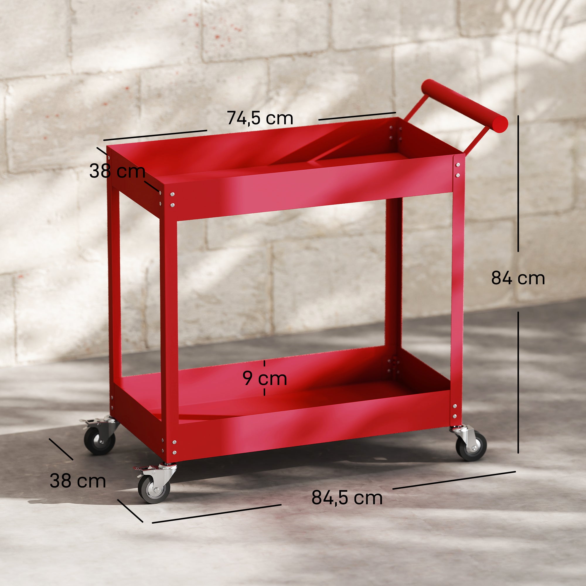Chariot d'atelier servante atelier à 2 niveaux, poignée latérale et roulettes verrouillables, 84,5x38x84cm, rouge