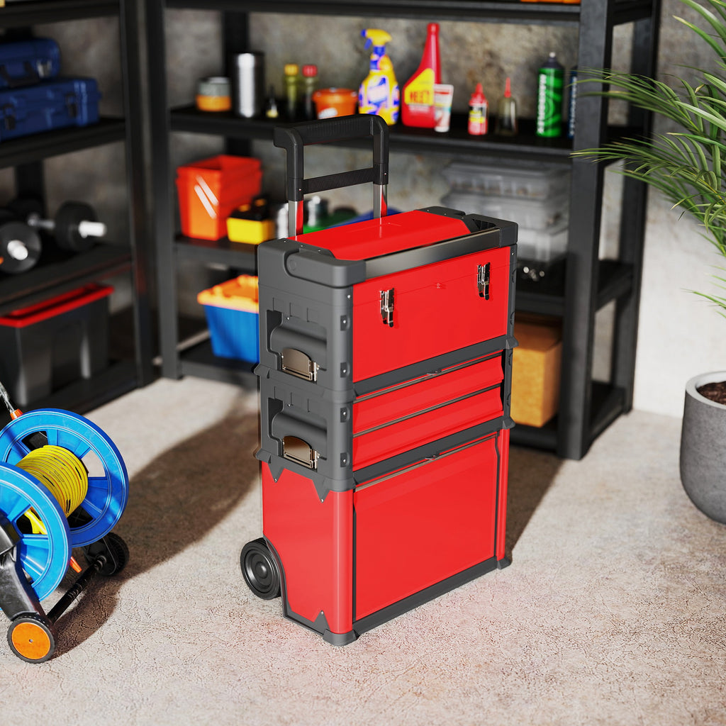 Lot de 3 boîtes à outils sur roulettes empilables et modulaires en acier avec plateau, poignées et serrure, rouge