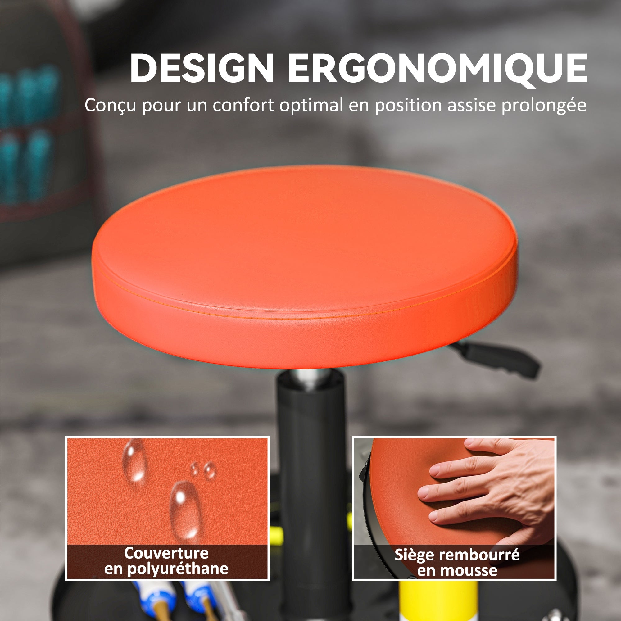 Tabouret d'atelier à 5 roulettes pivotantes 360°, hauteur réglable 38-50 cm, avec plateau, 38 x 38 x 38-50 cm, orange