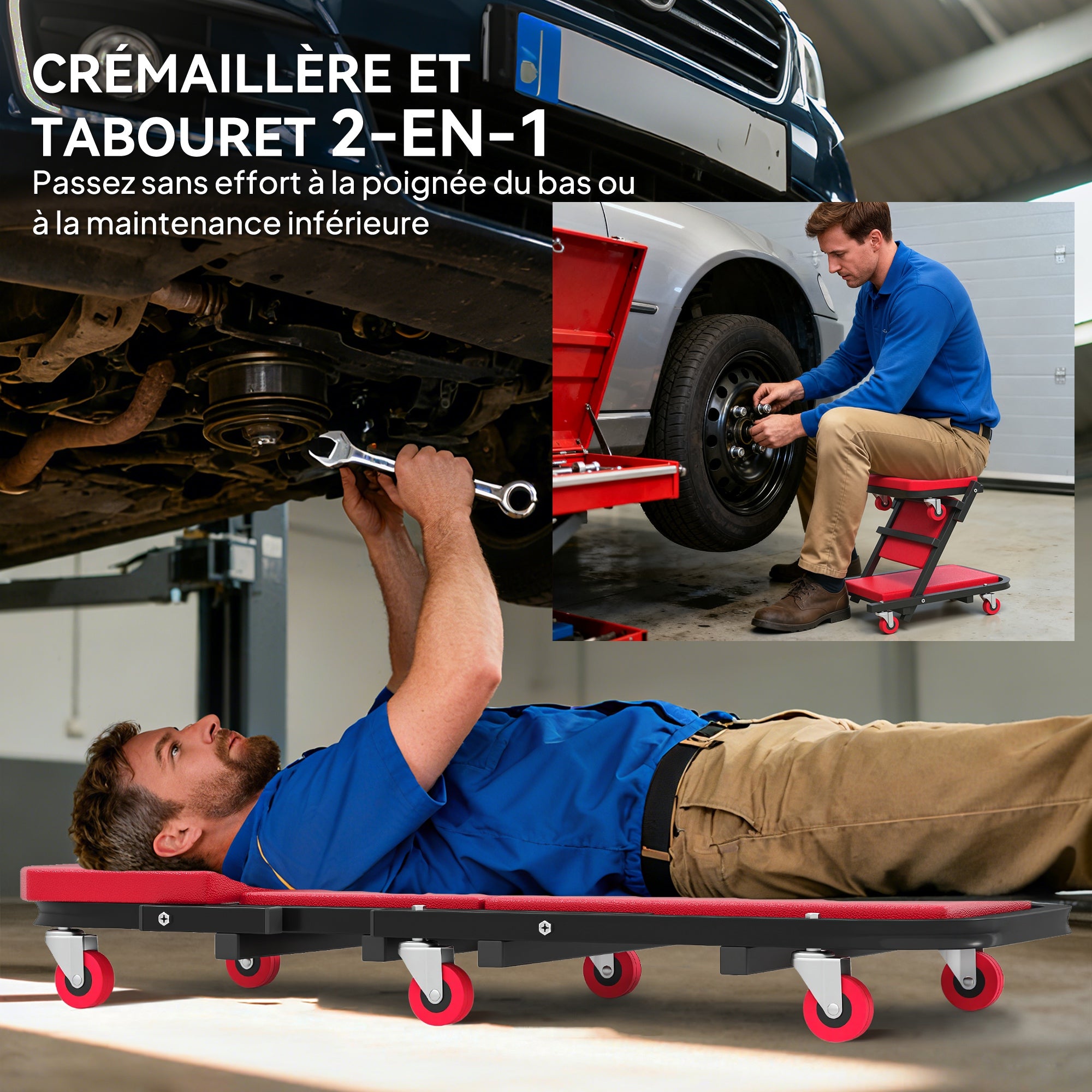 Planche à roulettes de montage 2 en 1 chariot de visite mécanicien pliable en Z charge 150kg 101,5 x 40 x 13,5 cm rogue