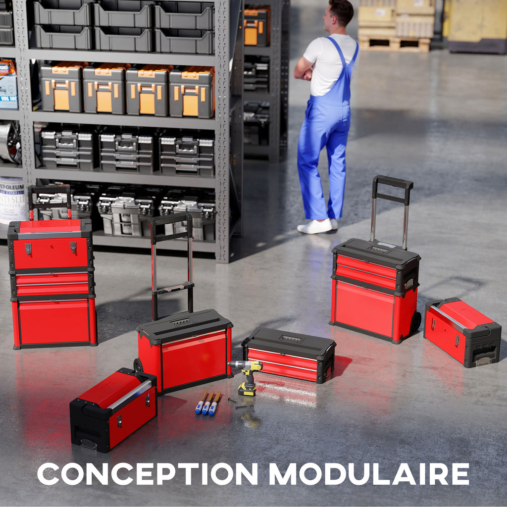 Lot de 3 boîtes à outils sur roulettes empilables et modulaires en acier avec plateau, poignées et serrure, rouge